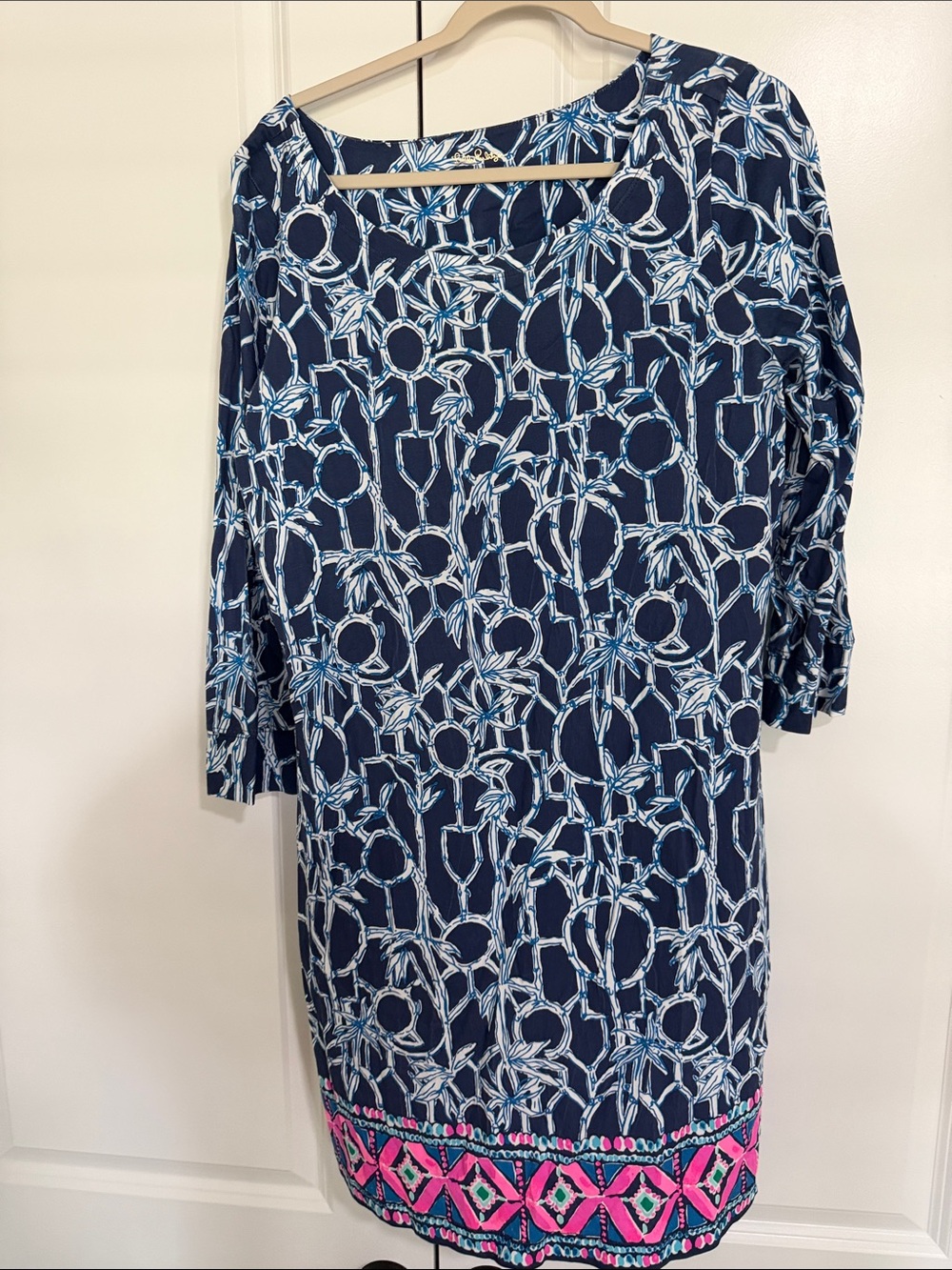 Lilly Pulitzer Navy Blue & White Long Sleeve Shift Dress with Pink Border